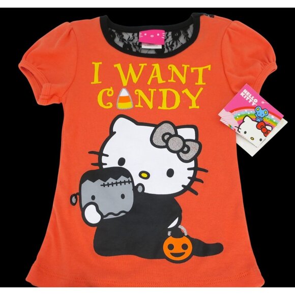 Hello Kitty Halloween Girl's 5 Short Sleeve I Want Candy Outfit 2pc Tutu Set NWT - Picture 2 of 3